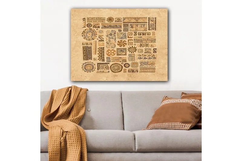 Canvastavla 70x100 cm - Abstrakta mönster och symboler i en jordnära stil - Ljusbrun / Mörkbrun / Beige - Inredning - Tavlor & konst - Canvastavlor