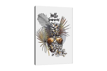 Canvastavla 70x100 cm - Ananas med solglasögon omgiven av tropiska växter och blommor, med texten Hello Summer - Guld / Grön / Vit - Inredning - Tavlor & konst - Canvastavlor