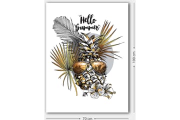 Canvastavla 70x100 cm - Ananas med solglasögon omgiven av tropiska växter och blommor, med texten Hello Summer - Guld / Grön / Vit - Inredning - Tavlor & konst - Canvastavlor