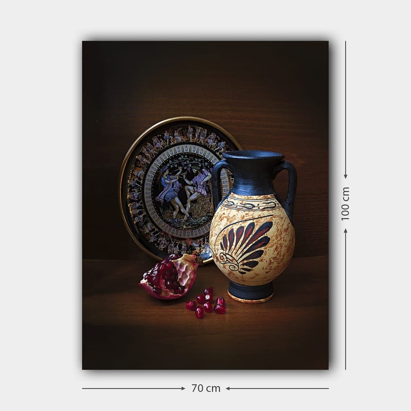Canvastavla 70x100 cm - Antik kruka med dekorativa mönster och granatäpple som huvudmotiv - Svart / Beige / Röd - Inredning - Tavlor & konst - Canvastavlor