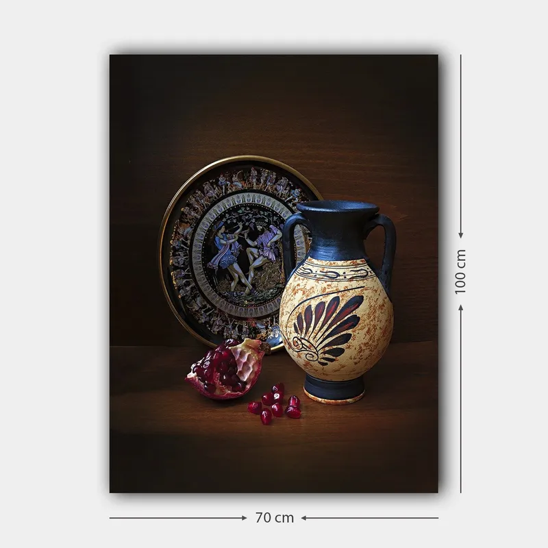 Canvastavla 70x100 cm - Antik kruka med dekorativa mönster och granatäpple som huvudmotiv - Svart / Beige / Röd - Inredning - Tavlor & konst - Canvastavlor