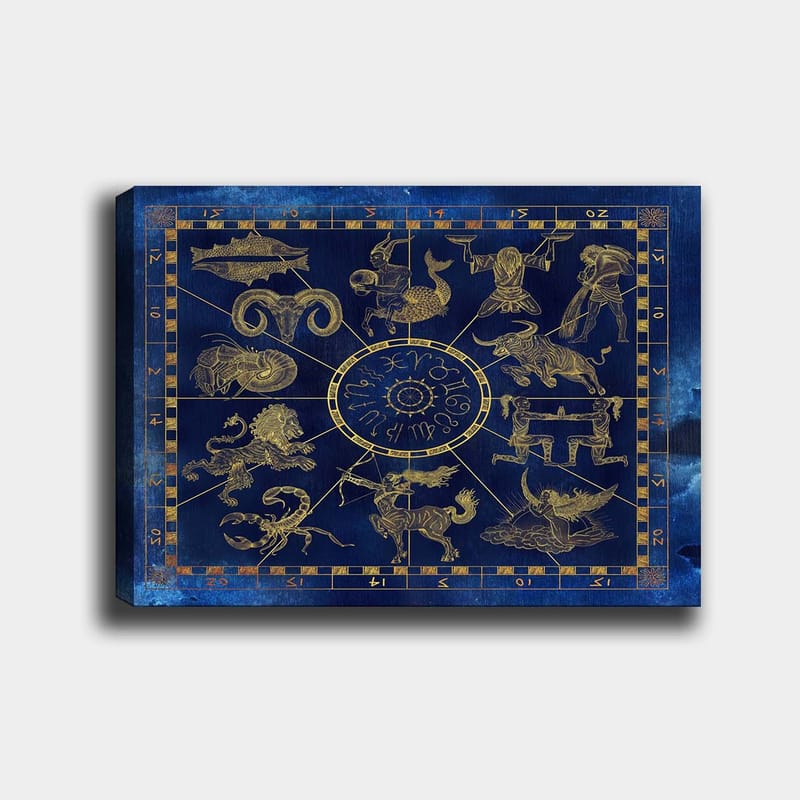 Canvastavla 70x100 cm - Astrologisk karta med zodiakens tolv tecken i guld mot en djupblå bakgrund - Djupblå / Guld - Inredning - Tavlor & konst - Canvastavlor