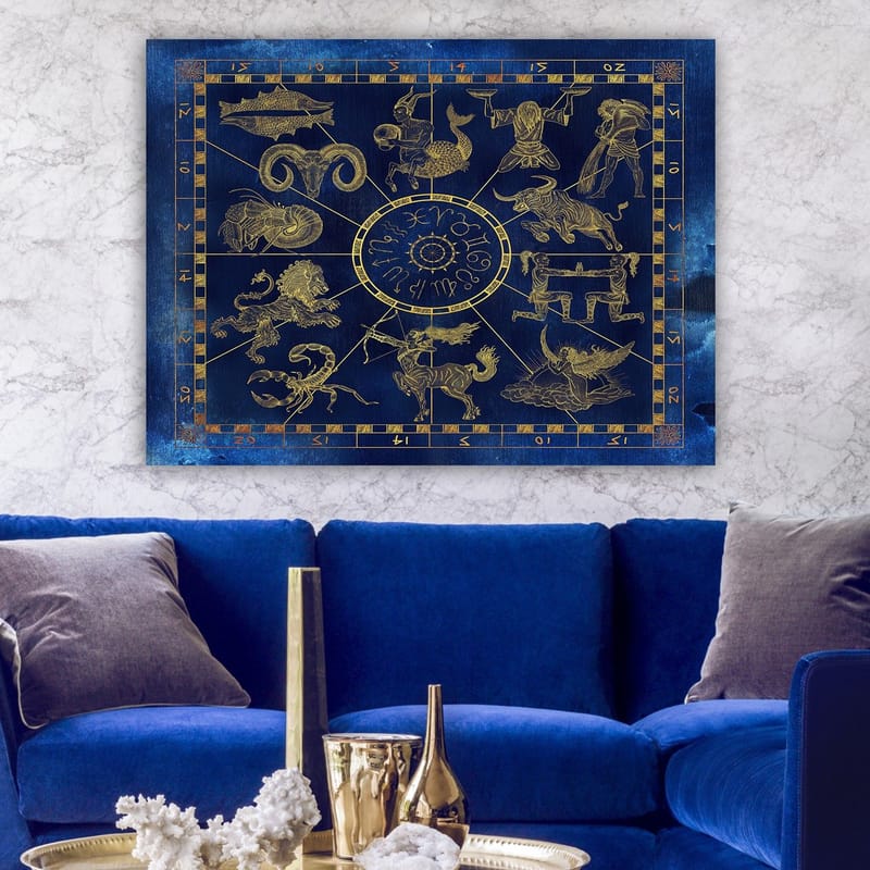 Canvastavla 70x100 cm - Astrologisk karta med zodiakens tolv tecken i guld mot en djupblå bakgrund - Djupblå / Guld - Inredning - Tavlor & konst - Canvastavlor