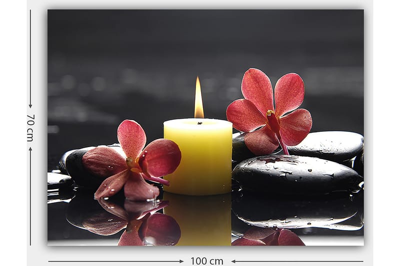 Canvastavla 70x100 cm - Avkopplande komposition med en tänd ljuslykta, svarta stenar och rosa blommor - Gul / Rosa / Svart - Inredning - Tavlor & konst - Canvastavlor