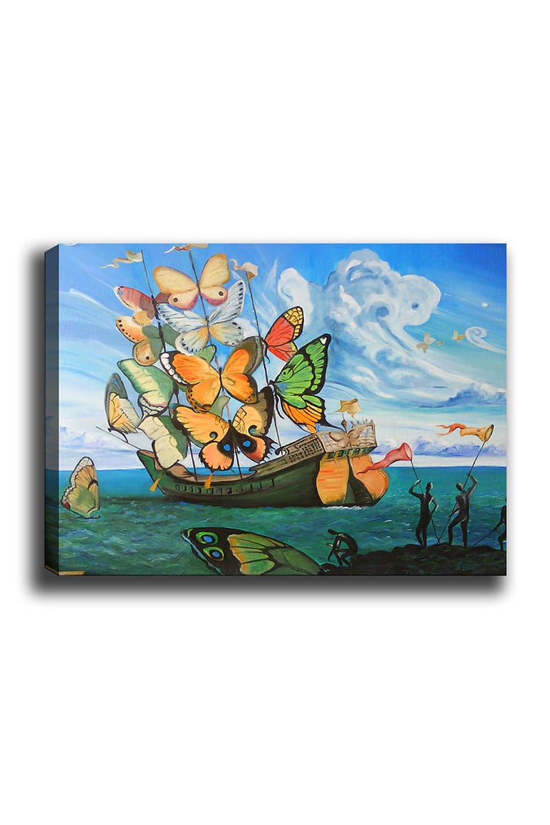 Canvastavla 70x100 cm - Båt fylld med färgglada fjärilar svävar över havet, Orange / Grön / Blå