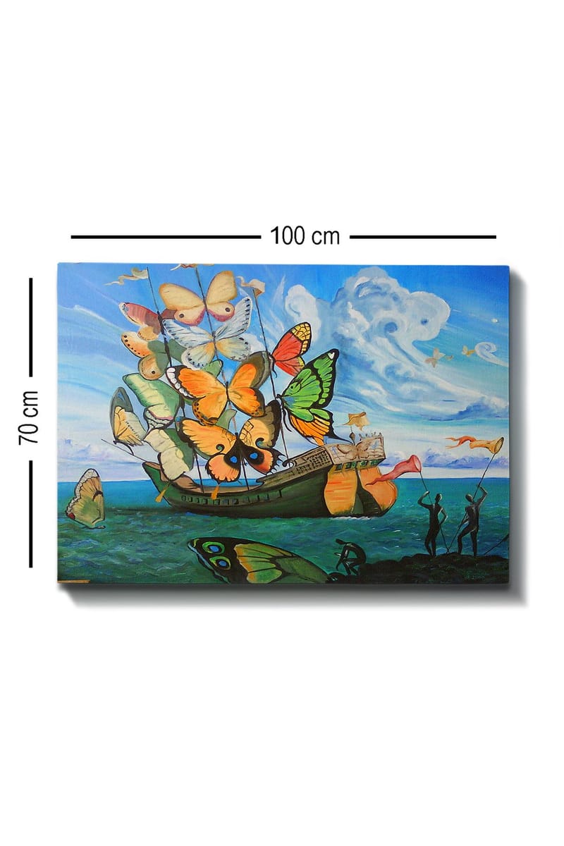 Canvastavla 70x100 cm - Båt fylld med färgglada fjärilar svävar över havet - Orange / Grön / Blå - Inredning - Tavlor & konst - Canvastavlor