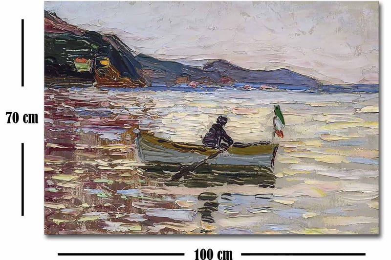 Canvastavla 70x100 cm - Båt med två personer som fiskar på en glittrande sjö under en ljus himmel - Blå / Grön / Beige - Inredning - Tavlor & konst - Canvastavlor