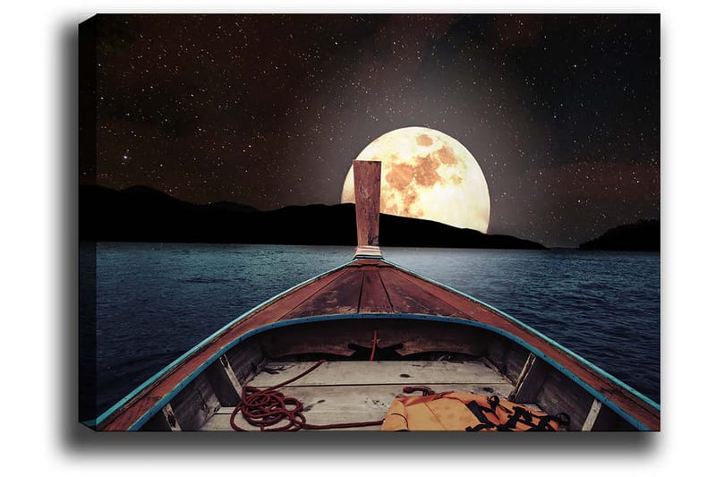 Canvastavla 70x100 cm - Båt som seglar mot en stor, lysande måne på natthimlen - Mörkblå / Brunt / Guld - Inredning - Tavlor & konst - Canvastavlor