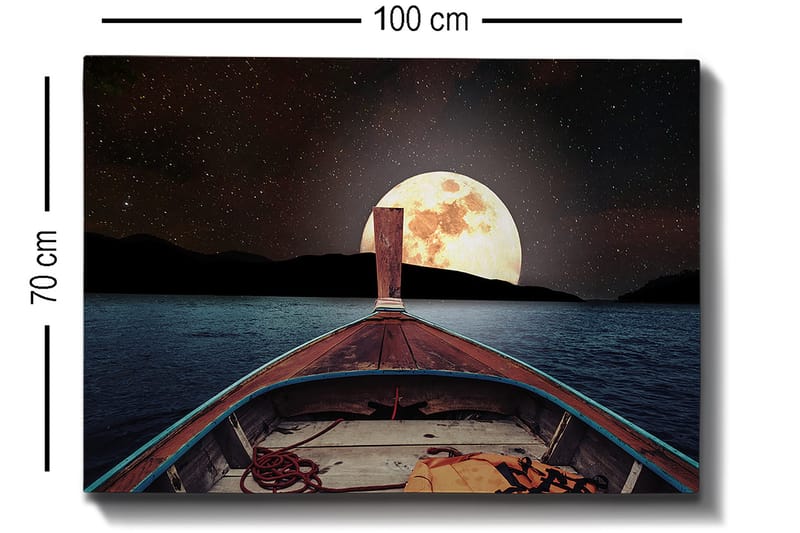 Canvastavla 70x100 cm - Båt som seglar mot en stor, lysande måne på natthimlen - Mörkblå / Brunt / Guld - Inredning - Tavlor & konst - Canvastavlor