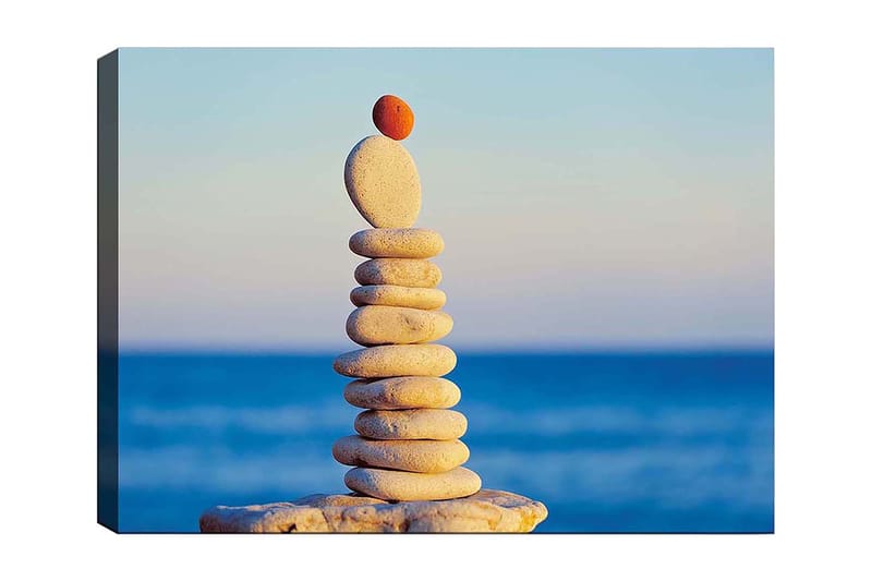 Canvastavla 70x100 cm - Balanserad stapel av stenar med en röd sten på toppen, Ljusgrå / Beige / Röd