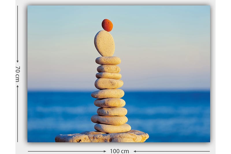 Canvastavla 70x100 cm - Balanserad stapel av stenar med en röd sten på toppen - Ljusgrå / Beige / Röd - Inredning - Tavlor & konst - Canvastavlor