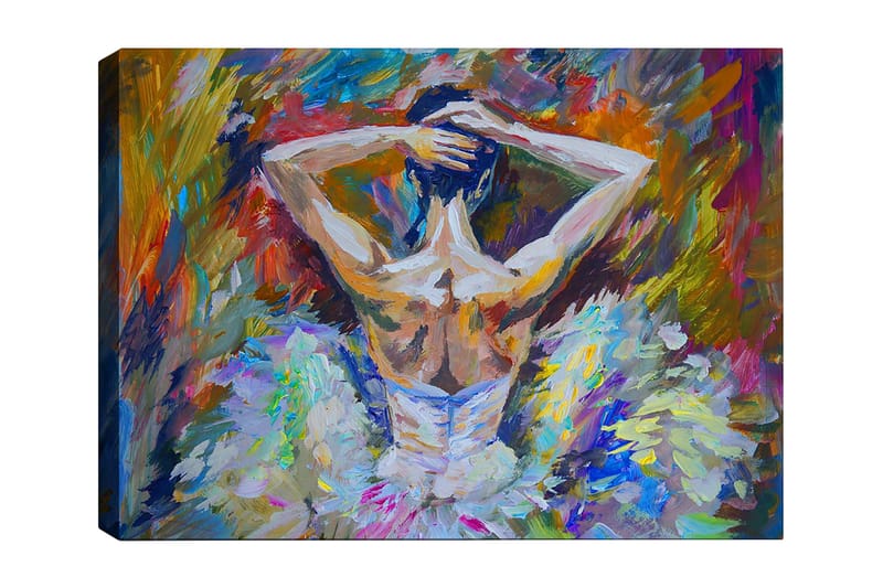 Canvastavla 70x100 cm - Balettdansös sedd bakifrån med uppsatt hår och en elegant klänning i ljusa färger, Vit / Ljusblå / Orange