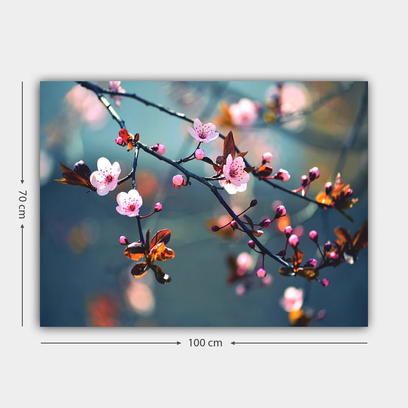 Canvastavla 70x100 cm - Blommande körsbärsgrenar med rosa blommor och bruna blad - Rosa / Brun / Grön - Inredning - Tavlor & konst - Canvastavlor