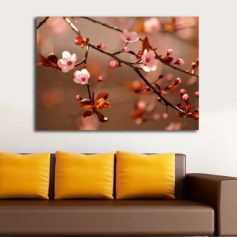 Canvastavla 70x100 cm - Blommande körsbärsgrenar med rosa blommor och bruna blad - Rosa / Brun - Inredning - Tavlor & konst - Canvastavlor