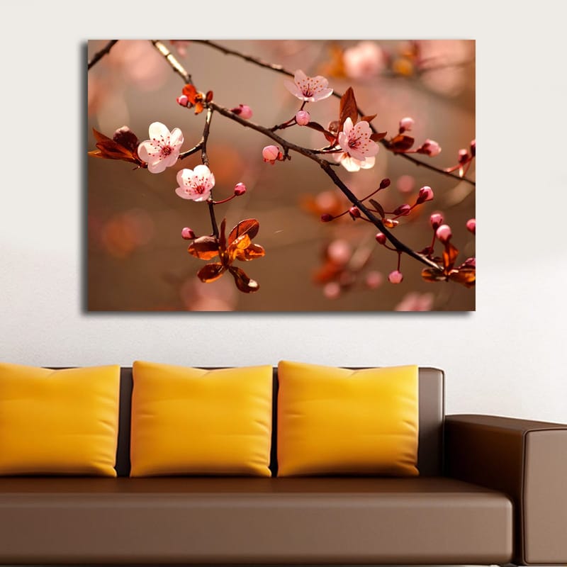 Canvastavla 70x100 cm - Blommande körsbärsgrenar med rosa blommor och bruna blad - Rosa / Brun - Inredning - Tavlor & konst - Canvastavlor