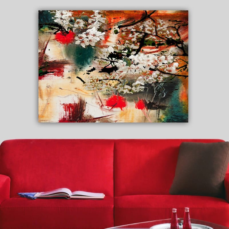 Canvastavla 70x100 cm - Blommande körsbärsträd i en abstrakt komposition med starka färger - Vit / Röd / Orange - Inredning - Tavlor & konst - Canvastavlor