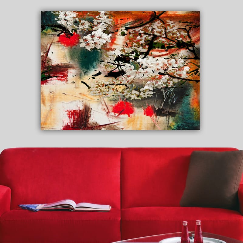 Canvastavla 70x100 cm - Blommande körsbärsträd i en abstrakt komposition med starka färger - Vit / Röd / Orange - Inredning - Tavlor & konst - Canvastavlor