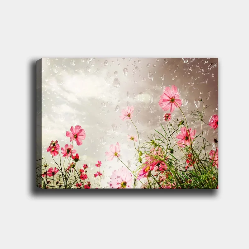 Canvastavla 70x100 cm - Blommor i olika nyanser av rosa som växer mot en dämpad bakgrund, Rosa / Grön
