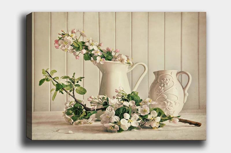 Canvastavla 70x100 cm - Blomsterarrangemang med vita kannor och grenar i en stillsam komposition, Vit / Ljusrosa / Grön