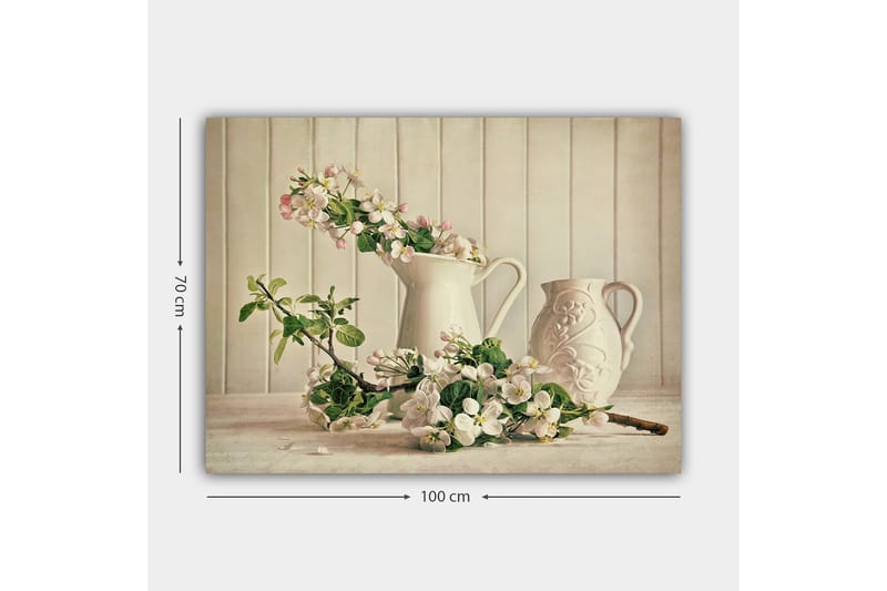 Canvastavla 70x100 cm - Blomsterarrangemang med vita kannor och grenar i en stillsam komposition - Vit / Ljusrosa / Grön - Inredning - Tavlor & konst - Canvastavlor