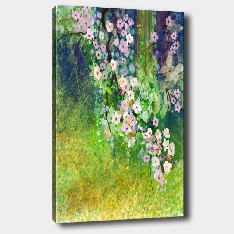 Canvastavla 70x100 cm - Blomstrande grenar med rosa och vita blommor i en grönskande miljö, Rosa / Grön / Vit