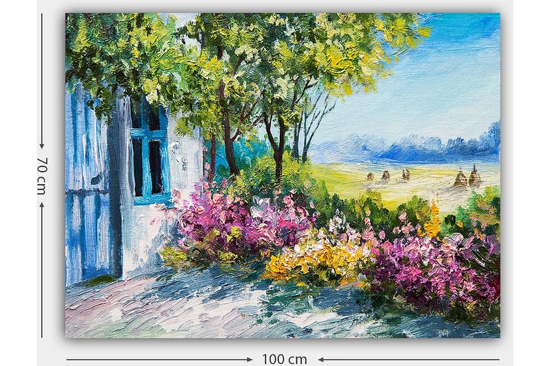 Canvastavla 70x100 cm - Blomstrande trädgård med ett hus och grönskande träd i bakgrunden - Grön / Rosa / Gul - Inredning - Tavlor & konst - Canvastavlor