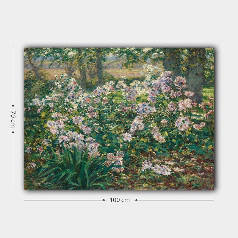 Canvastavla 70x100 cm - Blomstrande trädgård med färgglada blommor i en grönskande miljö - Grön / Rosa / Vit - Inredning - Tavlor & konst - Canvastavlor