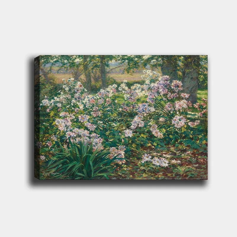Canvastavla 70x100 cm - Blomstrande trädgård med färgglada blommor i en grönskande miljö, Grön / Rosa / Vit