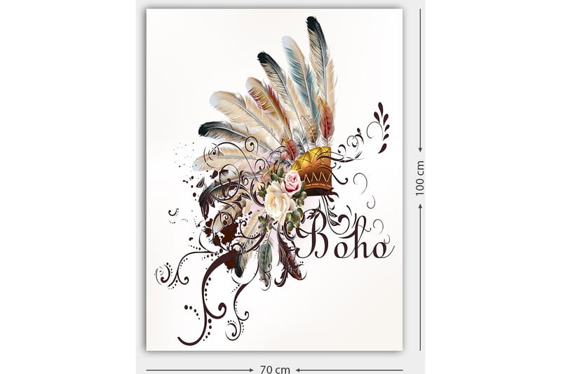 Canvastavla 70x100 cm - Bohemisk fjäderhuvudbonad med blommor och dekorativa element - Beige / Brun / Rosa - Inredning - Tavlor & konst - Canvastavlor