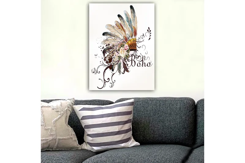 Canvastavla 70x100 cm - Bohemisk fjäderhuvudbonad med blommor och dekorativa element - Beige / Brun / Rosa - Inredning - Tavlor & konst - Canvastavlor