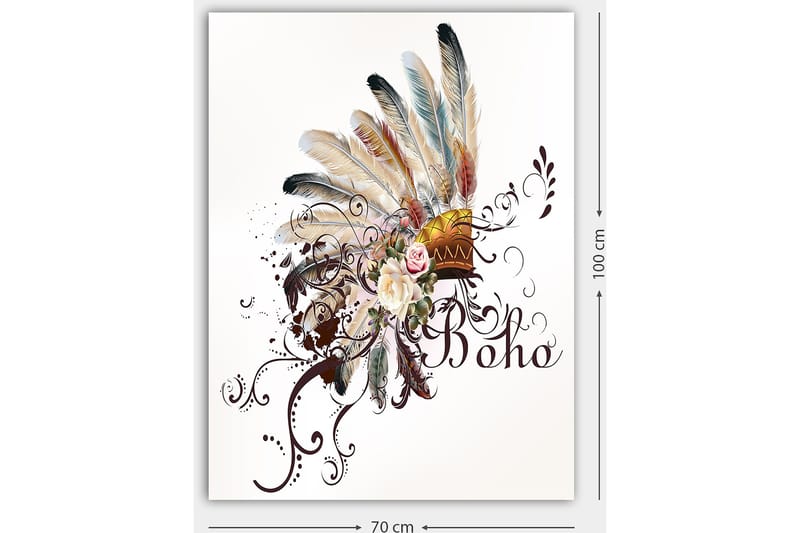 Canvastavla 70x100 cm - Bohemisk fjäderhuvudbonad med blommor och dekorativa element - Beige / Brun / Rosa - Inredning - Tavlor & konst - Canvastavlor