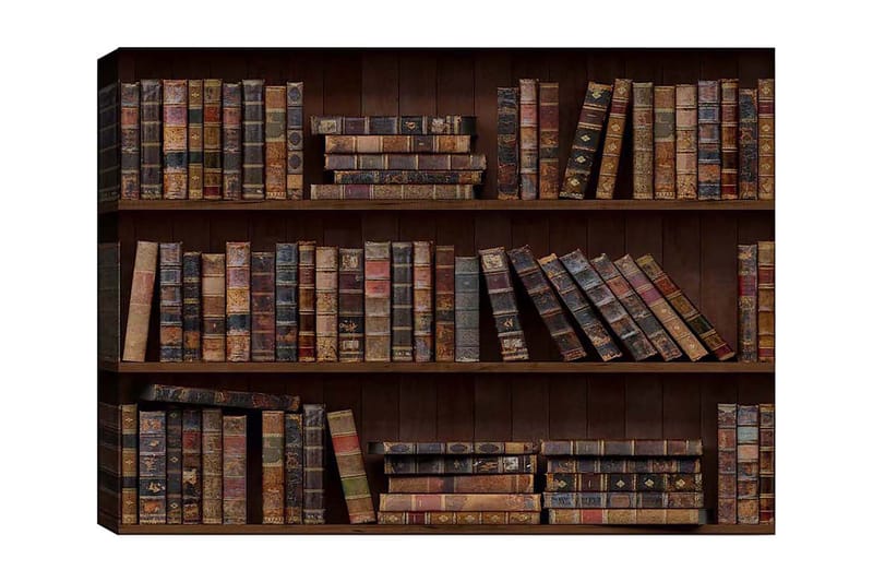 Canvastavla 70x100 cm - Bokhylla fylld med gamla böcker i olika storlekar och färger - Mörkbrun / Beige / Mörkgrön - Inredning - Tavlor & konst - Canvastavlor