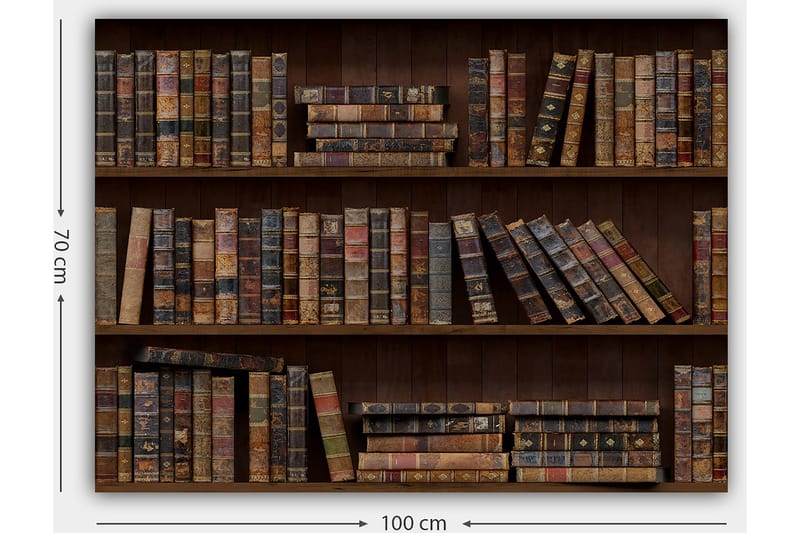 Canvastavla 70x100 cm - Bokhylla fylld med gamla böcker i olika storlekar och färger - Mörkbrun / Beige / Mörkgrön - Inredning - Tavlor & konst - Canvastavlor