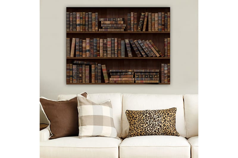 Canvastavla 70x100 cm - Bokhylla fylld med gamla böcker i olika storlekar och färger - Mörkbrun / Beige / Mörkgrön - Inredning - Tavlor & konst - Canvastavlor
