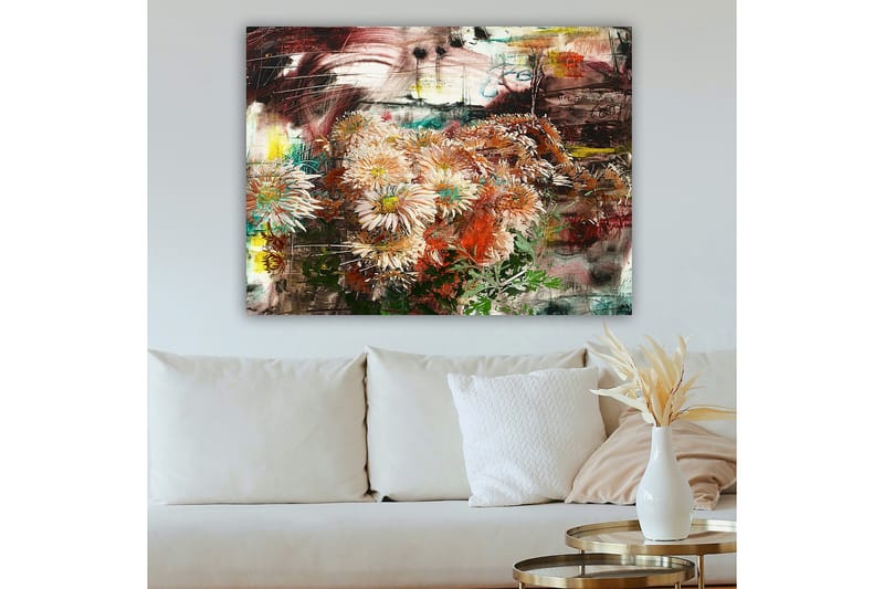 Canvastavla 70x100 cm - Bukett av blommor i olika nyanser av rosa och orange - Rosa / Orange / Grön - Inredning - Tavlor & konst - Canvastavlor