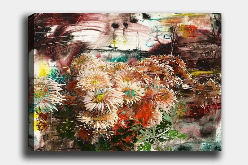 Canvastavla 70x100 cm - Bukett av blommor i olika nyanser av rosa och orange - Rosa / Orange / Grön - Inredning - Tavlor & konst - Canvastavlor