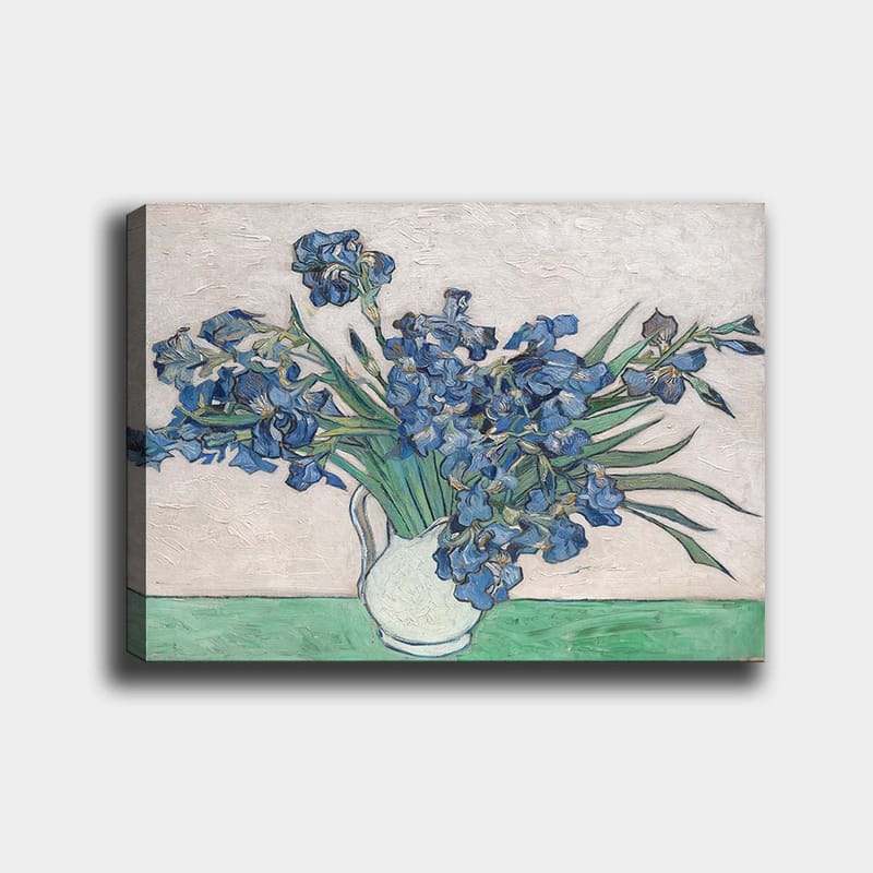 Canvastavla 70x100 cm - Bukett av irisblommor i en vit vas, Bl å / Grön