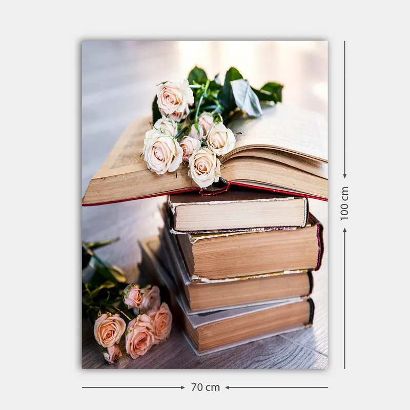 Canvastavla 70x100 cm - Bukett av rosor ligger på en hög av böcker - Ljusrosa / Beige / Brun - Inredning - Tavlor & konst - Canvastavlor