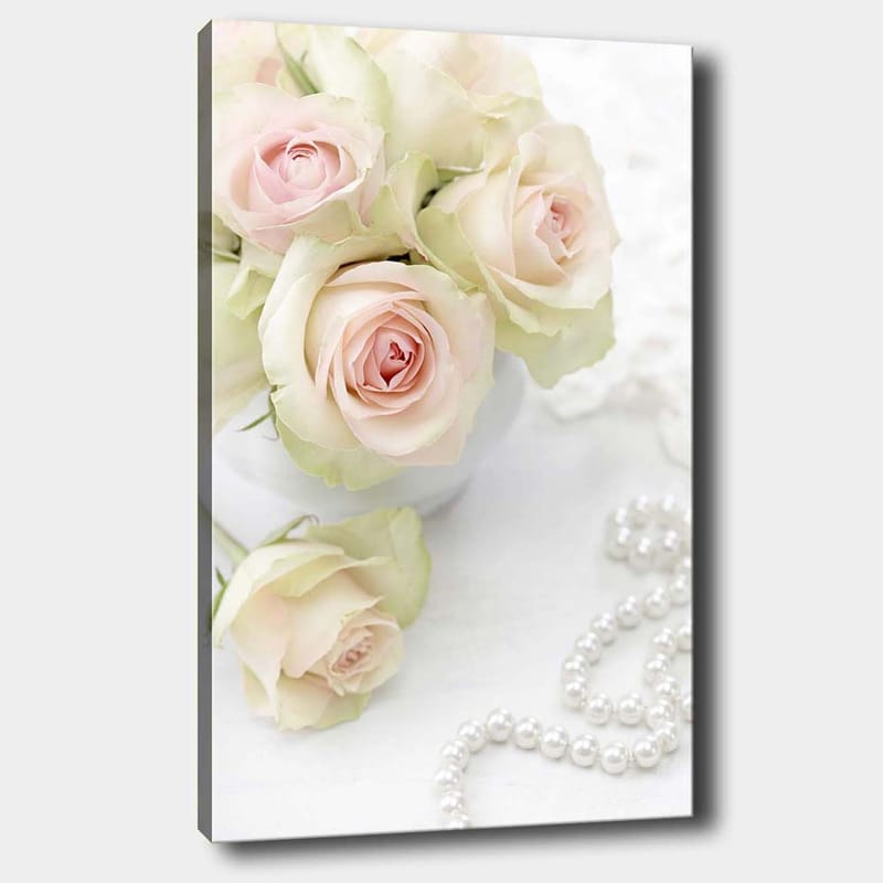 Canvastavla 70x100 cm - Bukett med ljusrosa rosor i en vit kruka, Ljusrosa / Grön / Vit