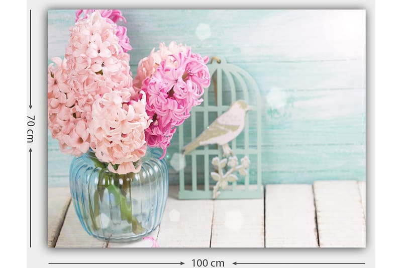 Canvastavla 70x100 cm - Bukett med rosa hyacinter i en glasvas - Rosa / Ljusblå / Grön - Inredning - Tavlor & konst - Canvastavlor