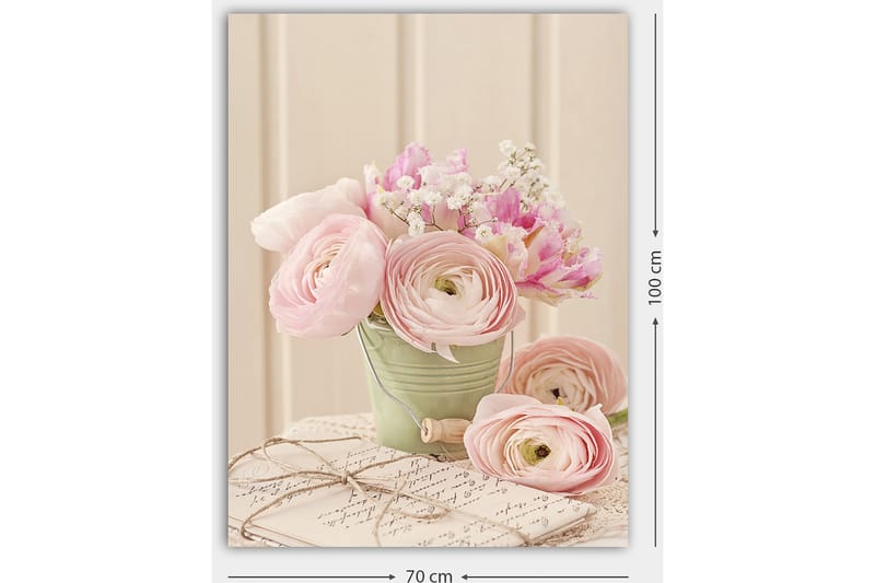 Canvastavla 70x100 cm - Bukett med rosa ranunkler i en grön kruka - Rosa / Grön / Vit - Inredning - Tavlor & konst - Canvastavlor