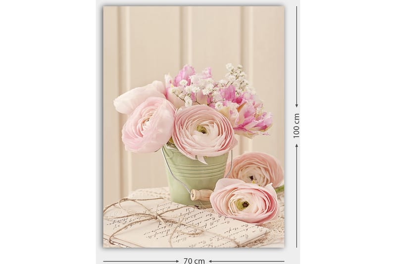 Canvastavla 70x100 cm - Bukett med rosa ranunkler i en grön kruka - Rosa / Grön / Vit - Inredning - Tavlor & konst - Canvastavlor