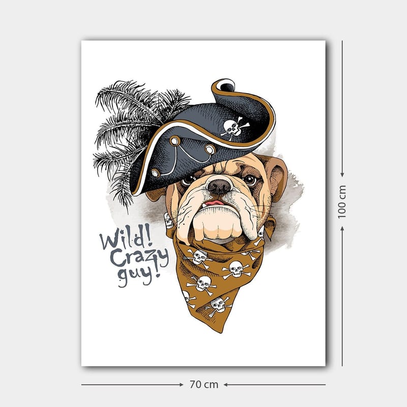 Canvastavla 70x100 cm - Bulldog klädd i pirathatt och bandana med dödskallar - Beige / Svart / Orange - Inredning - Tavlor & konst - Canvastavlor