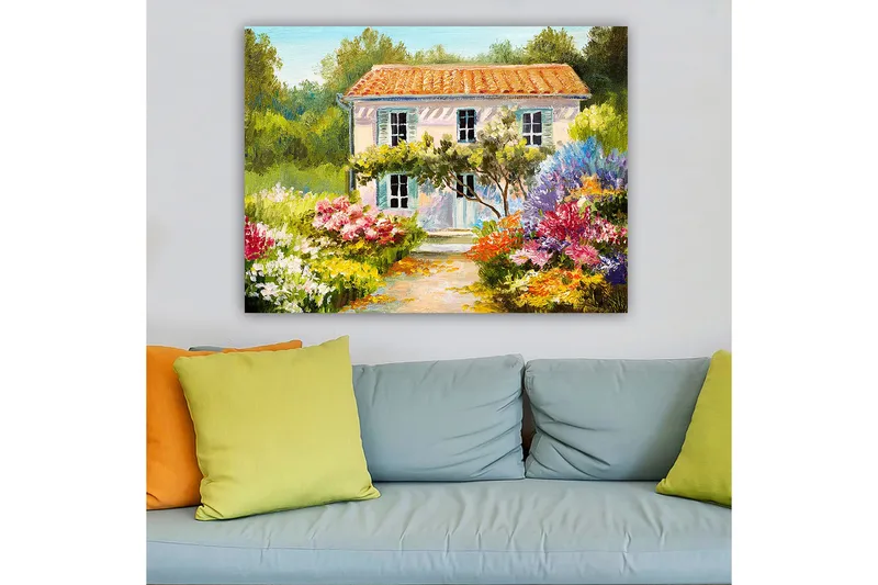 Canvastavla 70x100 cm - Charmig villa omgiven av blomstrande trädgårdar - Grön / Rosa / Blå - Inredning - Tavlor & konst - Canvastavlor