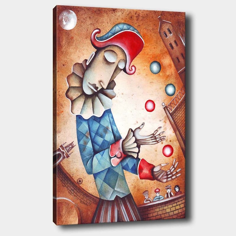 Canvastavla 70x100 cm - Clown som jonglerar med färgglada bollar, Blå / Röd / Beige