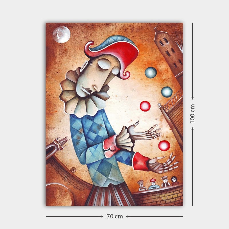 Canvastavla 70x100 cm - Clown som jonglerar med färgglada bollar - Blå / Röd / Beige - Inredning - Tavlor & konst - Canvastavlor