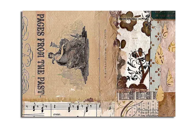 Canvastavla 70x100 cm - Collage av gamla bokblad och dekorativa mönster med en central figur som framhäver nostalgi och historia, Beige / Brun / Svart