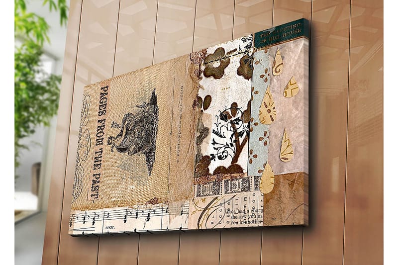Canvastavla 70x100 cm - Collage av gamla bokblad och dekorativa mönster med en central figur som framhäver nostalgi och historia - Beige / Brun / Svart - Inredning - Tavlor & konst - Canvastavlor
