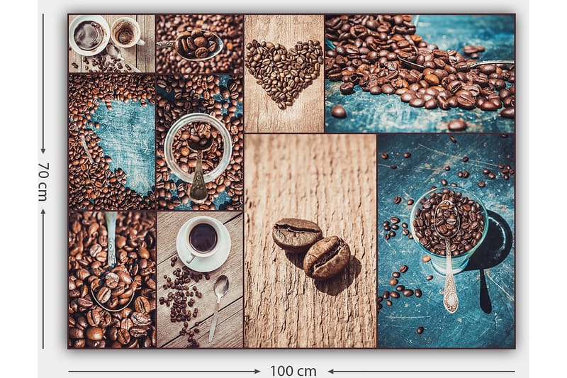 Canvastavla 70x100 cm - Collage av kaffebönor och kaffekoppar som framhäver kaffets olika aspekter och presentationer - Mörkbrun / Beige / Turkos - Inredning - Tavlor & konst - Canvastavlor