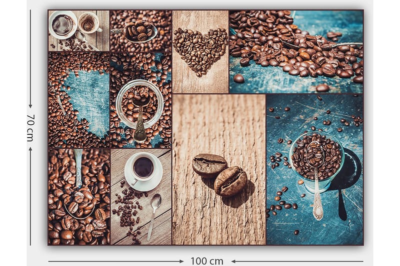 Canvastavla 70x100 cm - Collage av kaffebönor och kaffekoppar som framhäver kaffets olika aspekter och presentationer - Mörkbrun / Beige / Turkos - Inredning - Tavlor & konst - Canvastavlor